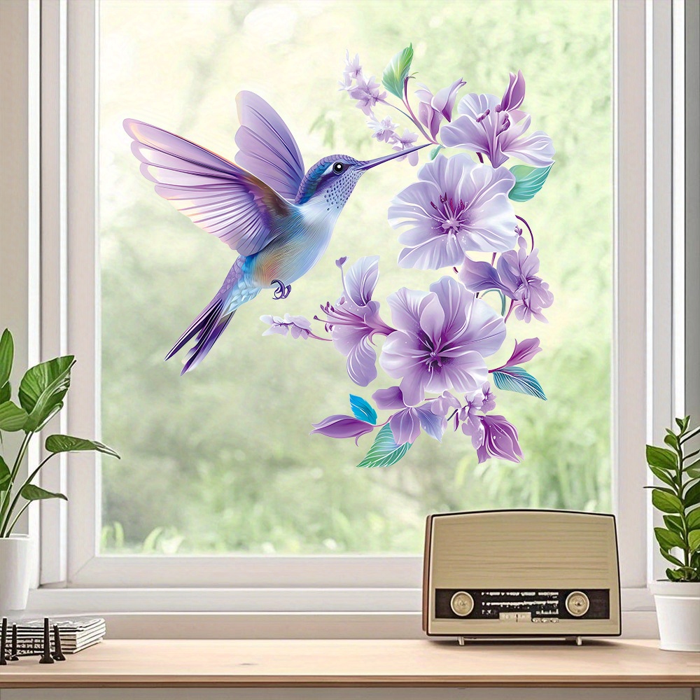 E-shop Wiederverwendbare Statische Fensterfolien - Lila & Weiße Kolibri-Aufkleber mit Üppigem -Design, Selbstklebende Abziehbare Kunststofffolie für