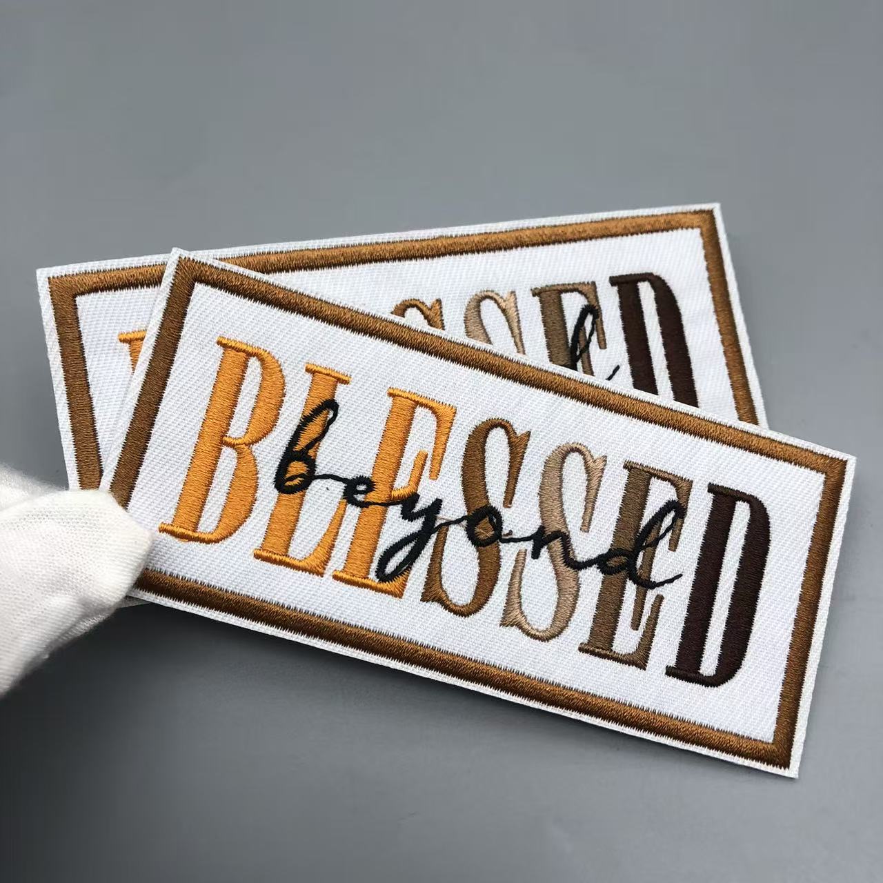 TEMU 2 Pieces Of Rectangular Creative English Blessed Pattern Heat Transfer Adhesive Embroidered Patches, Easy To Operate, Fixed By Ironing, Suitable