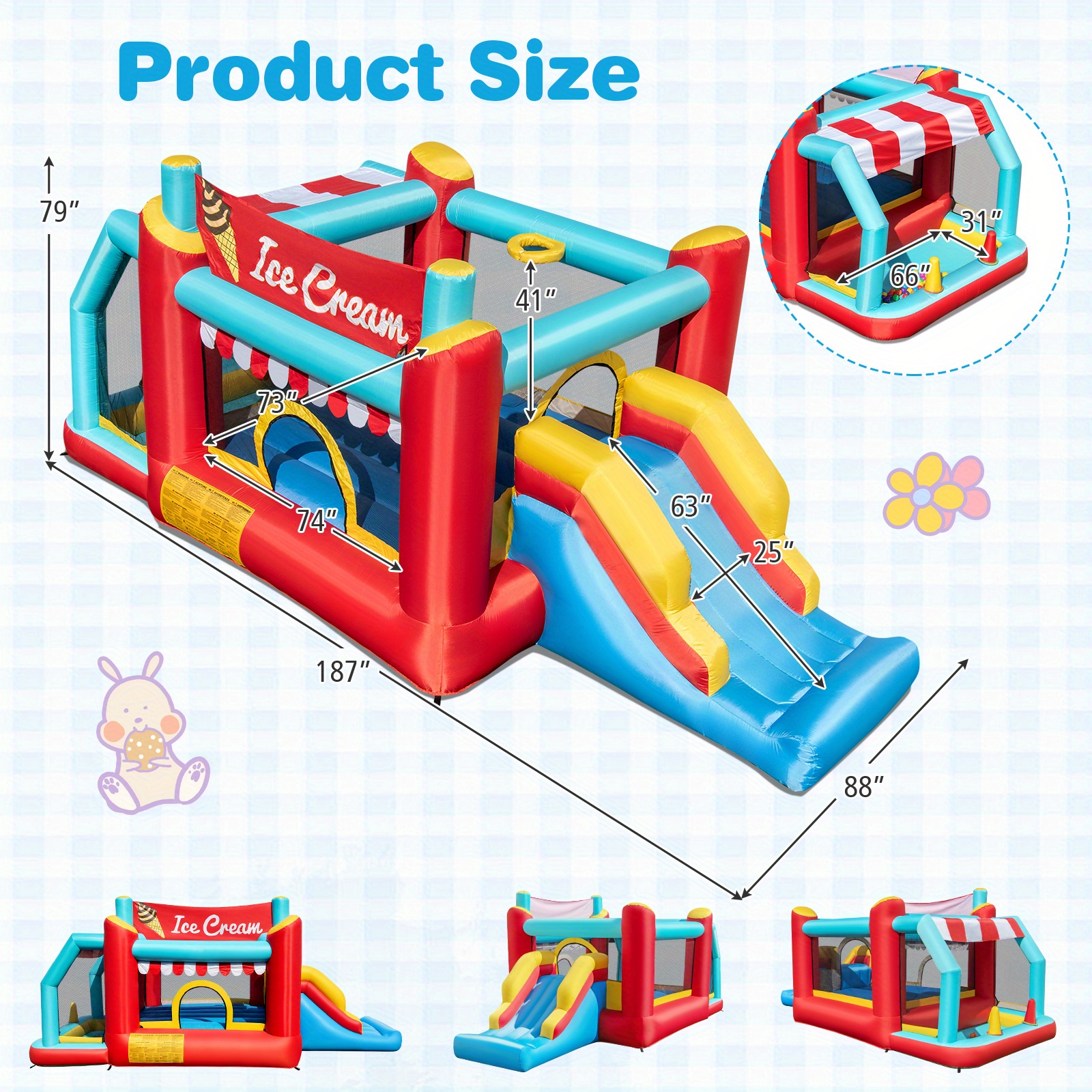 TEMU COSTWAY Maison à Sauter Gonflable, de Saut à Glace avec Toboggan, Panier de Basket, d'Anneaux et Piscine à Balles, Maison de Jeu Gonflable pour