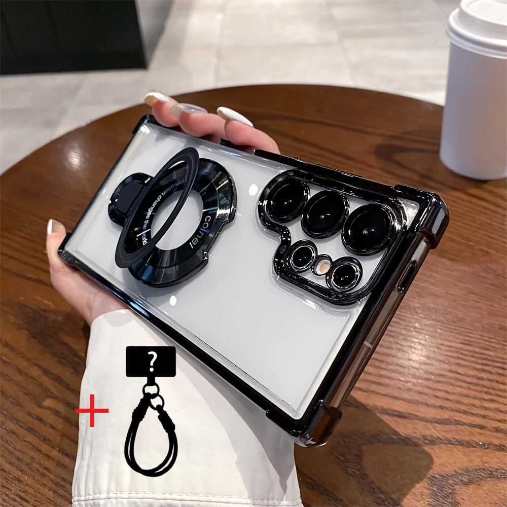 Image of Phone Case: 3pcs [case + Stand + Lanyard] 4-corner Anti-drop Magnetic Stand, Lens Film, Wireless Charging, Clear Case, For Galaxy S26/s25/s24/s23/s22/s21 Ultra