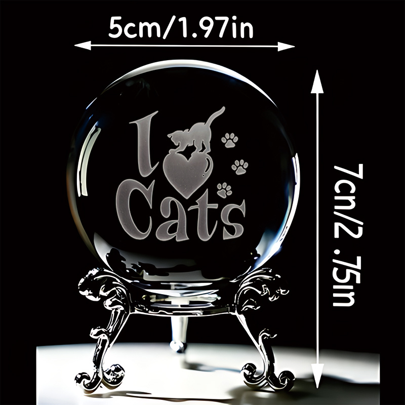 TEMU Crystal Ball Engraved With I Love Cats, Heart And Cat Paw Patterns With Carved Metal Stand, Desktop Ornament For Cat Lovers, Crystal Keepsake