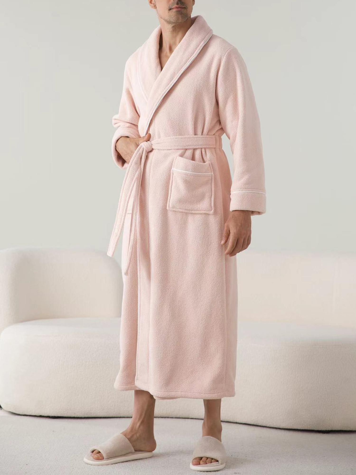 Men's Full-Length Plush Fleece Robe – Shawl Collar Bathrobe With