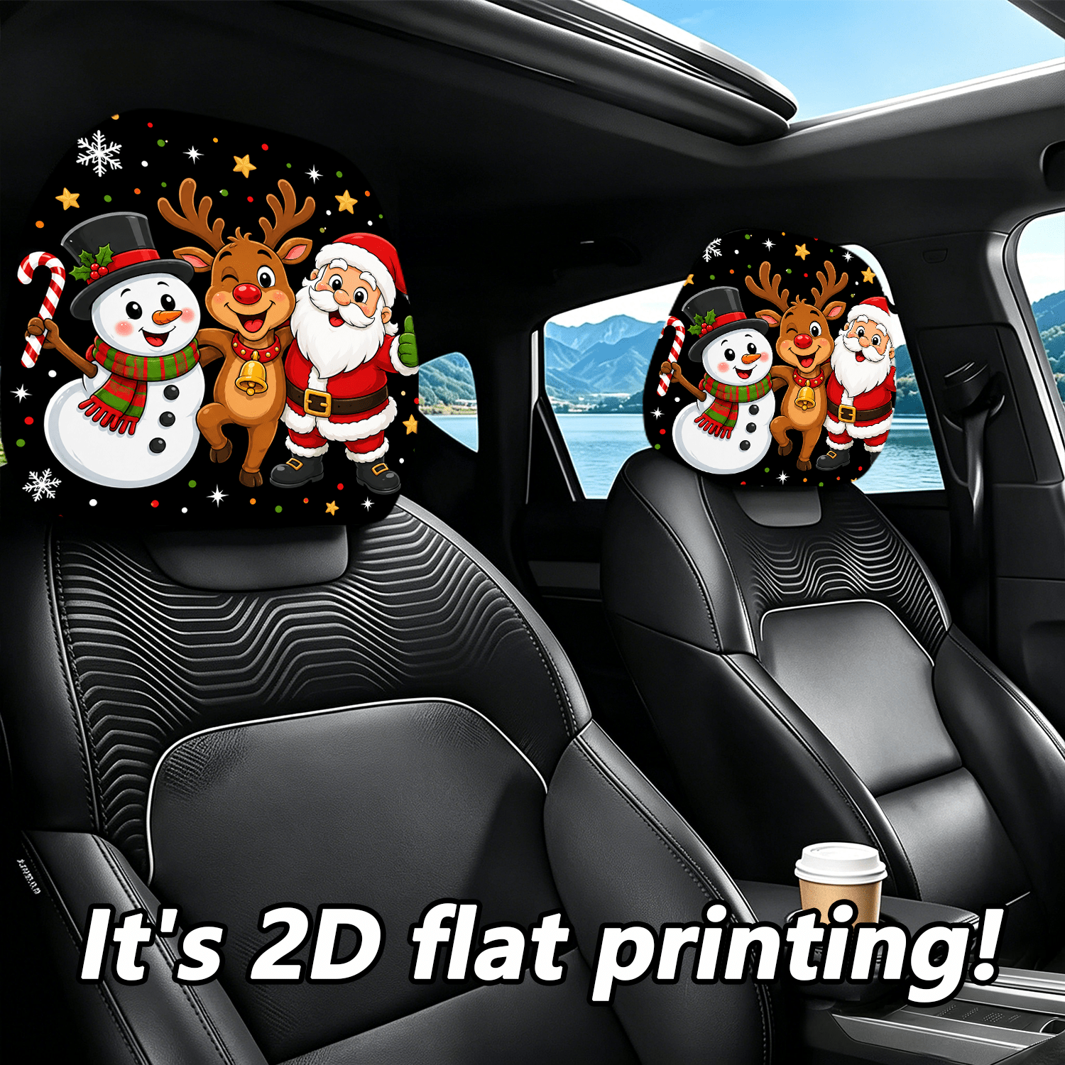 TEMU 2pcs Woyuo Christmas Car Headrest Covers With Santa Reindeer Snowman & Starry Background - Pillows Suitable For Vehicles, Auto Interior For