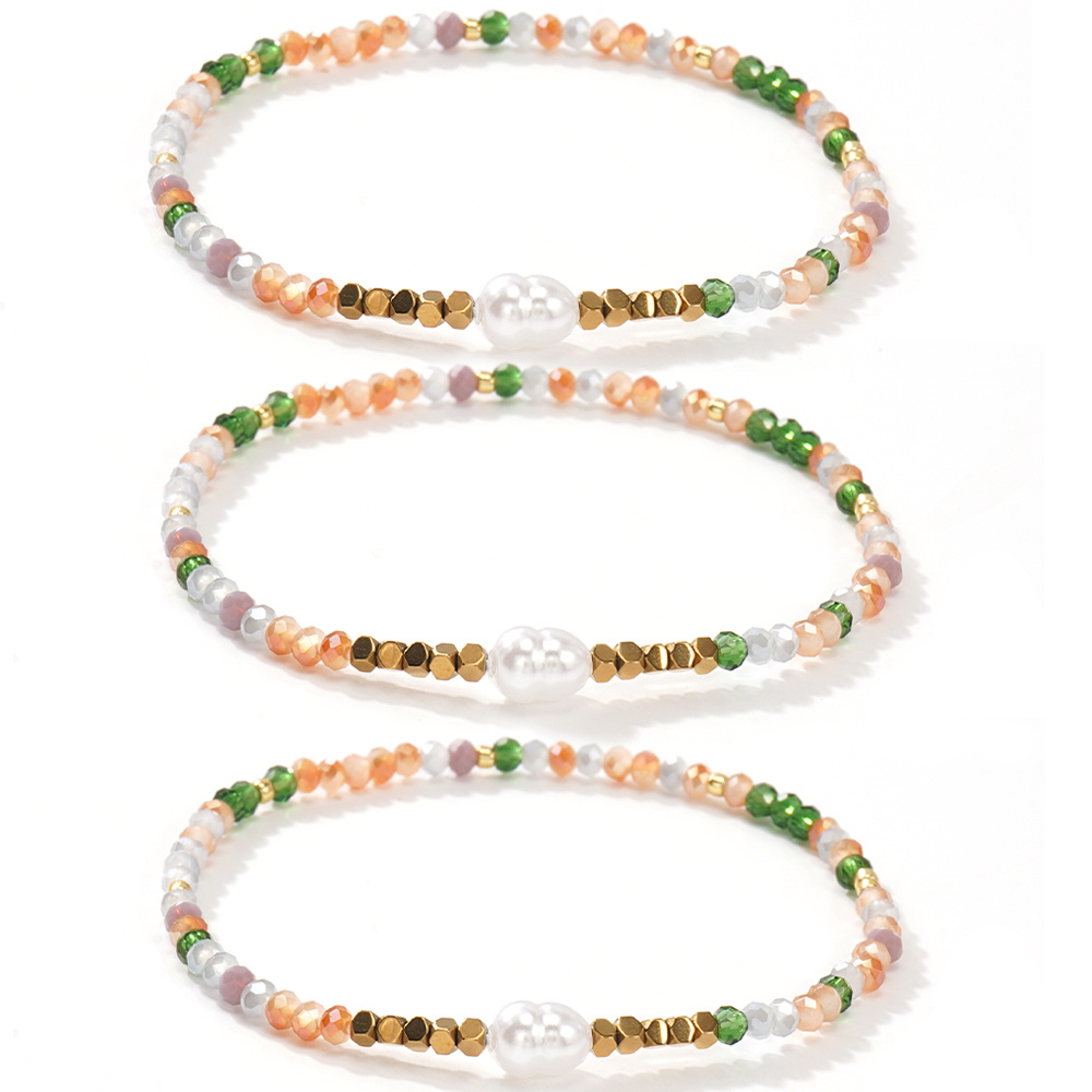 TEMU 3pcs Women's Bracelet Set, Elegant And , Gourd-shaped White And Black Onyx Square Bead Glass Bracelet 3pcs Set, Suitable For Daily Wear Or As A