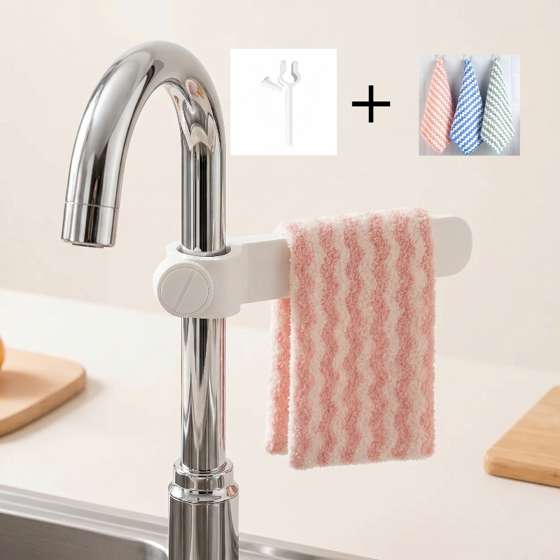 TEMU 2pcs Multi-functional (adjustable Faucet Towel Rack, 1pc Random Color Cleaning Cloth) Set, Sink Towel Holder, Kitchen Dishcloth Drying Rack,