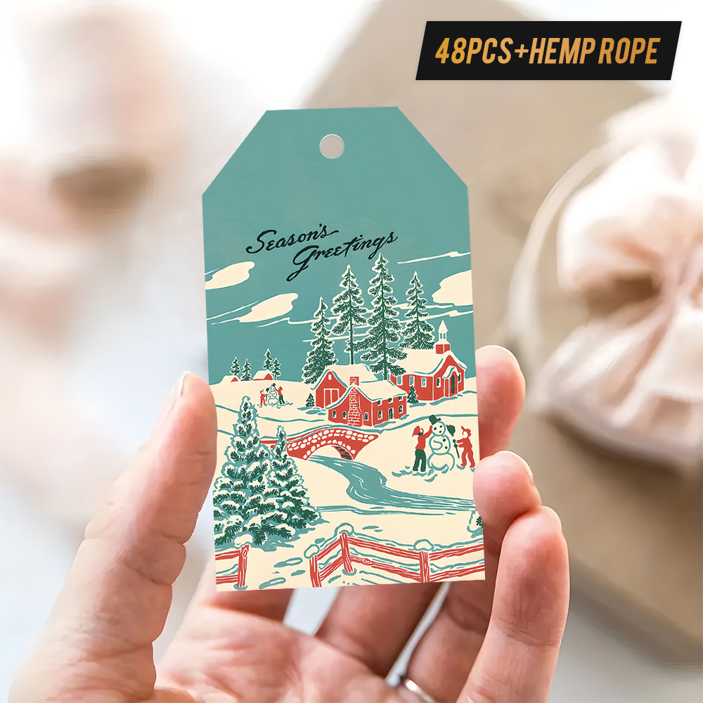 TEMU 48pcs Festive Christmas Gift Tags With Hemp Rope - Retro Scene Design, Nostalgic Atmosphere, Holiday Decorations, Celebrations, And Parties,