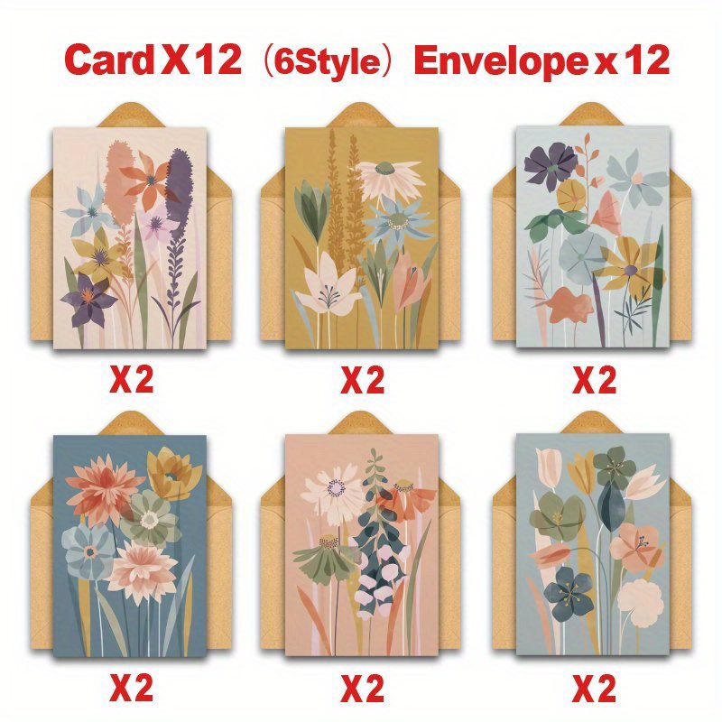 TEMU (Lot de 12 cartes de vœux + 12 enveloppes) Ensemble de cartes de vœux style scandinave moderne à fleurs avec enveloppes, cartes de notes vierges