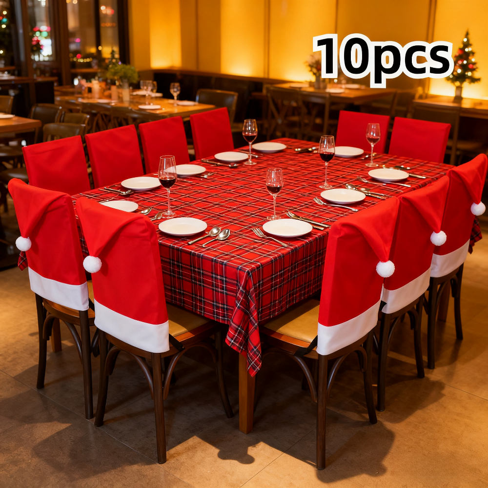 TEMU 10 pièces Housses de de Chaise de Noël Rouge & (pour fête) Couleur Unie avec Bonnet de Père Noël - Hauteur Réglable Non Tissé 25x20 Pouces pour