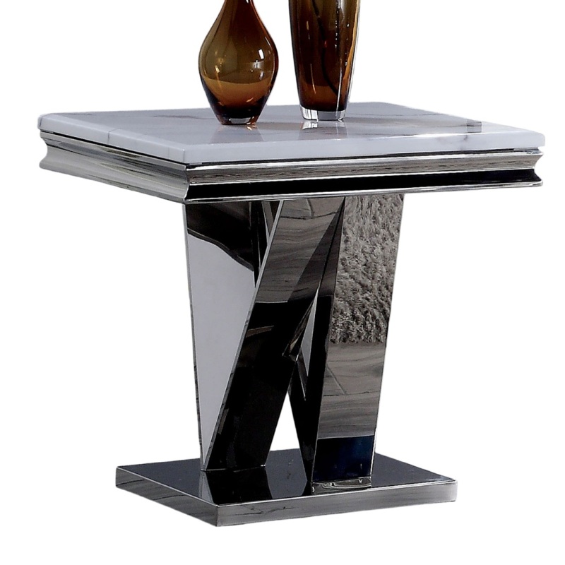 1pc End Table Modern Glam Style 18Mm Faux Marble on Top Rectangular V-Shape Pedestal Base Stainl Steel Metal Structure Chroma End Coffee Table-Not Included