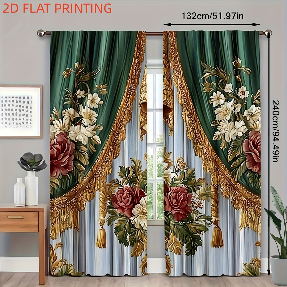 TEMU 2d Flat, 2pcs 2d Flat Print 21.65x59in/55x150cm Set Elegant Polyester Curtains, Green And Golden | Style, Filters Light, Rod Pocket To Hang,