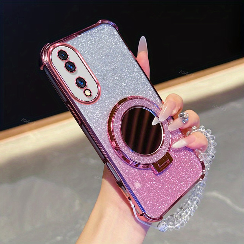 TEMU Phone Case: Luxury Plating Shockproof Thickening Glitter Card Phone Case For Huawei Honor 90 Mirror Magnetic Bracket Clear Bead Bracelet Chain