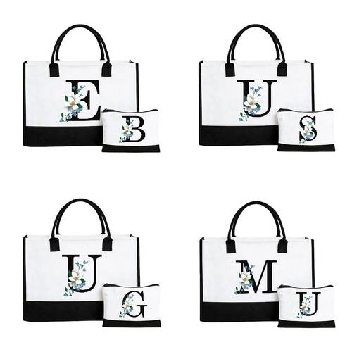 item picture 2pcs of the alphabet pattern initial beach tote bag with makeup bag travel essentials beach gifts birthday gifts for women her travel gift for gift