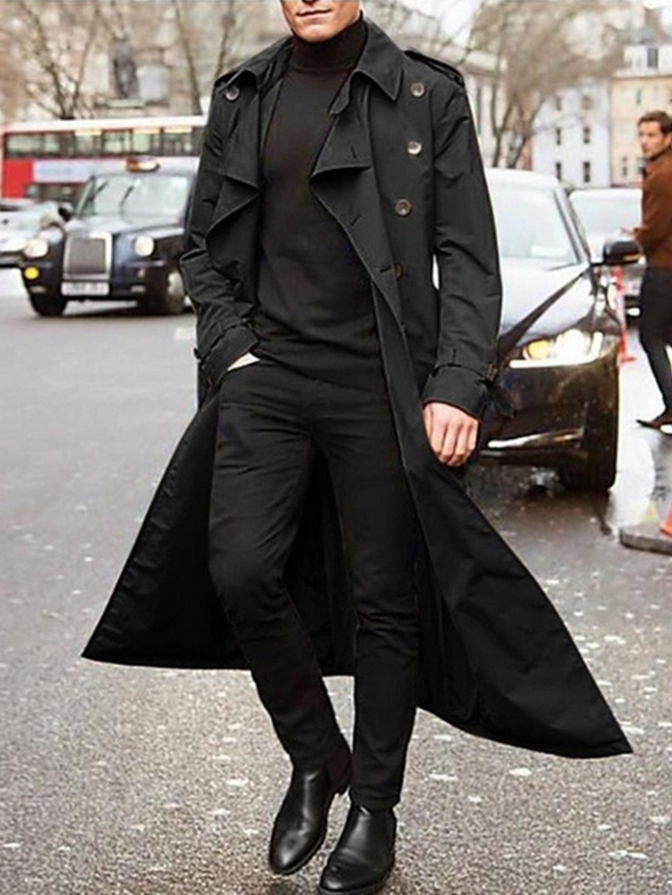 Men S  -Length Trench Coat - Black Double-Breasted Long Jacket with Notch Lapel, Regular Fit Casual Outerwear for Fall/Winter, Versatile for Casual & Formal Occasions, Winter Coat, Classic Trench Style, Nonstretch Fabric, Dry  , Everyday Wardrobe, Cold Weather, Wrinkle Resistant,  , Professional Attire, Costume Wardrobe, Commuter Clothing