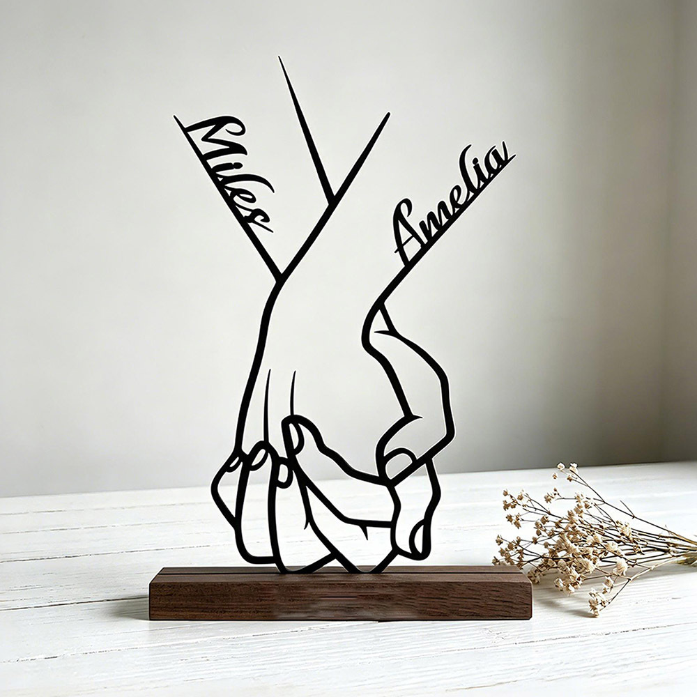 TEMU [collectible Figurines] 1pc Personalized Holding Hands Metal Sign Custom Couple Name Desktop Ornament With Wooden Base Romantic Modern Decor For