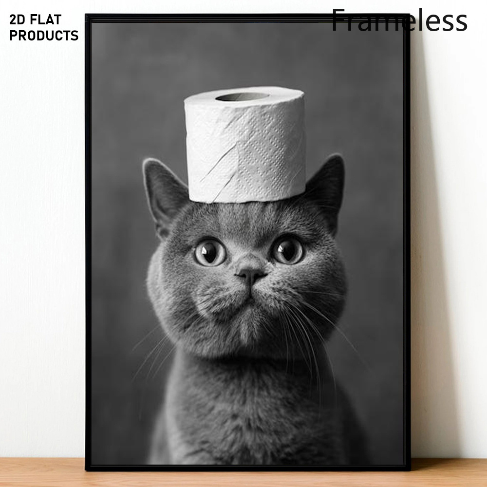 TEMU 2d Flat, 1pc, Frameless British Shorthair Cat Wearing A Toilet Paper Roll, Bathroom Art, Funny Bathroom Wall Art, Vintage Cat Photo, Ai Printed