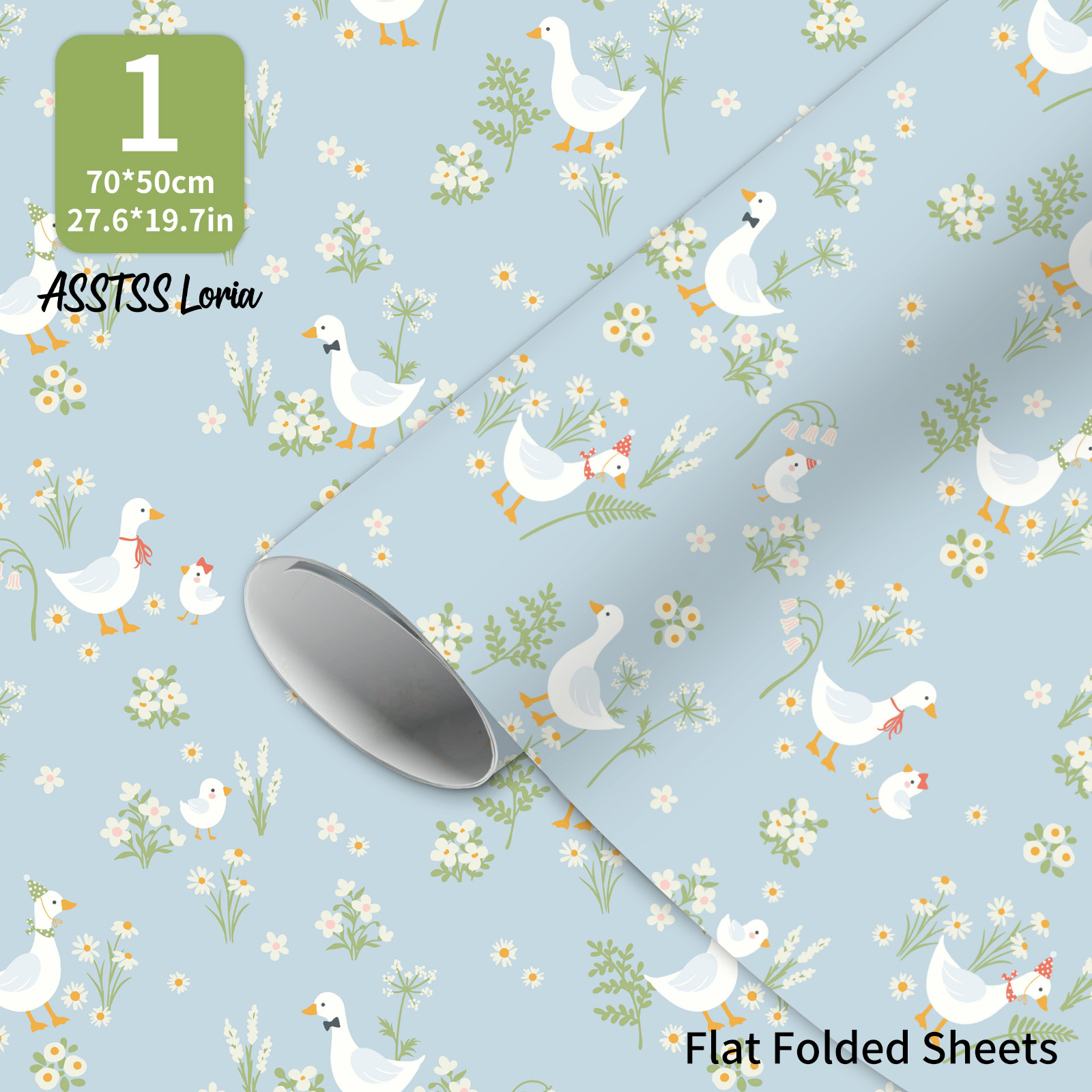 TEMU 1 Sheet Asstss Large Light Blue Goslings & Spring Flowers Wrapping Paper - Suitable For Birthdays, Graduation Gifts, Showers, Diy Crafts, 20x28"