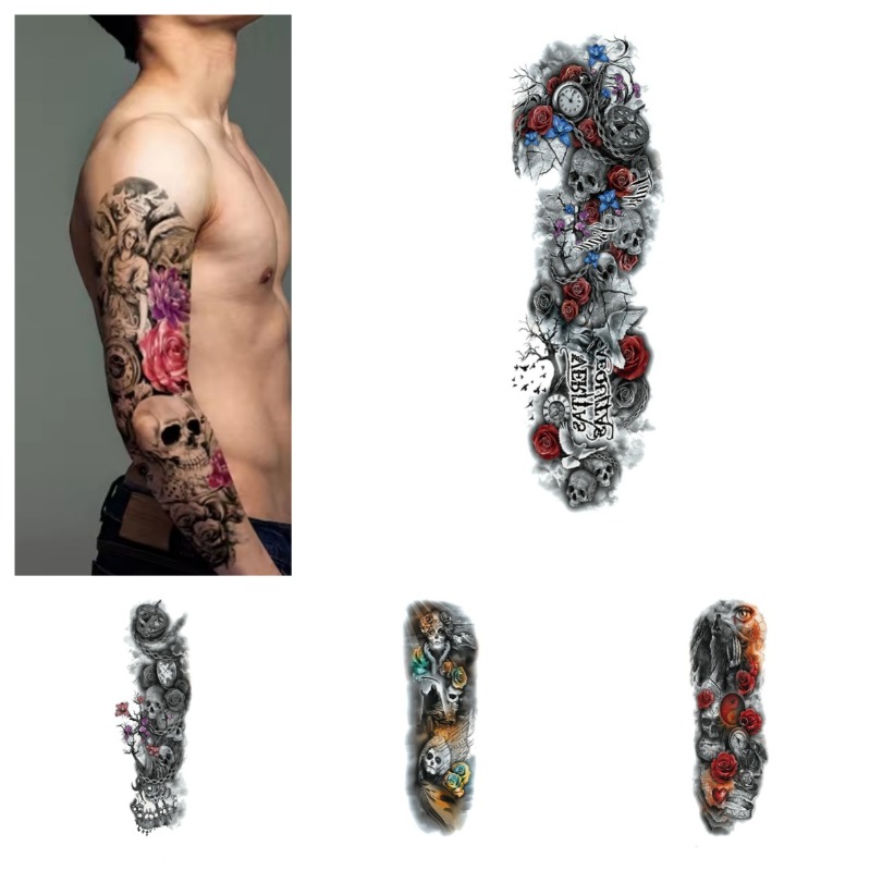 5pcs large gothic tattoo set - extra long body art kits with realistic skull, rose, clock, chain, and barbed wire designs - waterproof, fade-proof, durable temporary tattoos for  , legs, back - edgy street style for concerts, festivals, casual attire - ideal for   - easy application & removal -   tattoos for edgy   - ultra-realistic look with intricate details, stick on tattoos for women, extra large temporary tattoos, 0