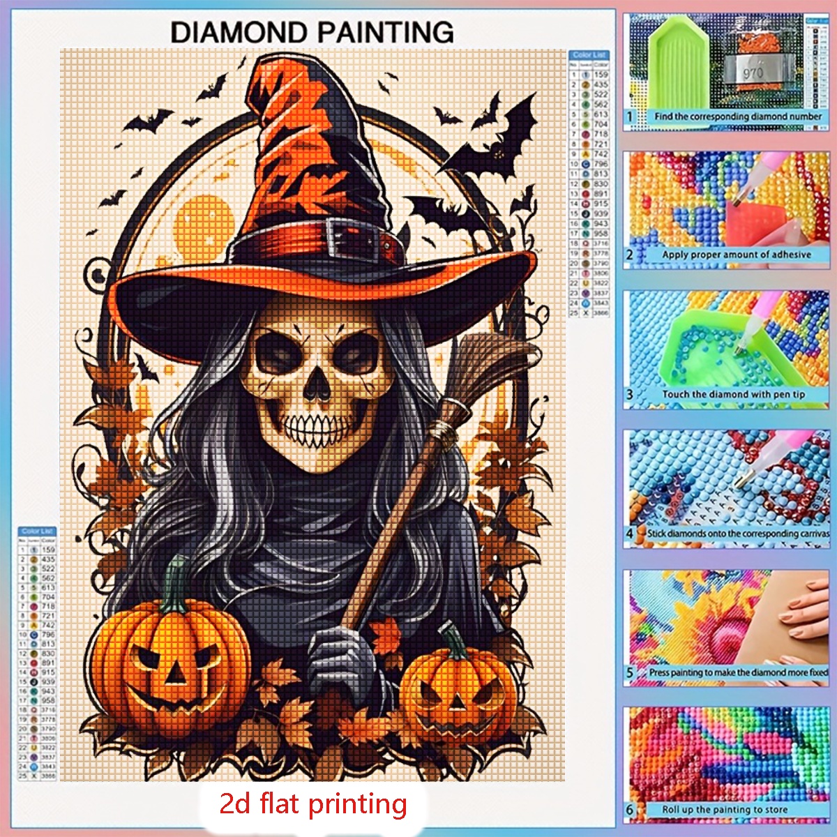 TEMU Kit de peinture diamant 5D à poinçonner entièrement rond, impression plate 2D cadre, pour art diamant sorcière citrouille d'Halloween pour