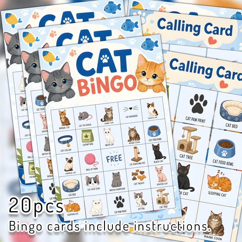 TEMU 20pcs Cmd For Bingo Cards, For Bingo Cards Feline For Bingo Game Set With Cute Cat Illustrations Suitable For Bingo Party Games Classroom