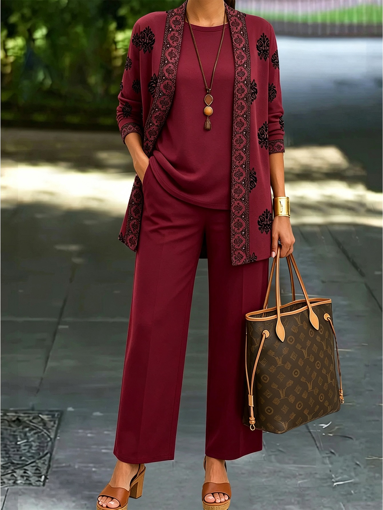 flat print textured free womens casual 3pcs set comfortable solid   top printed long sleeved cardigan and loose fitting casual pants featuring a stylish and lightweight breathable fabric