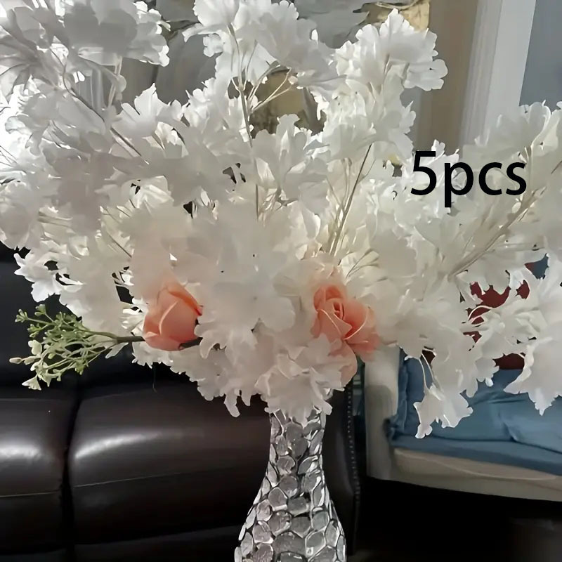 5pcs Lifelike Artificial Cherry Stems For Elegant Vase Decor - Perfect For Weddings, Proposals, Birthdays & Home Office Centerpieces - White, Vase Not Included