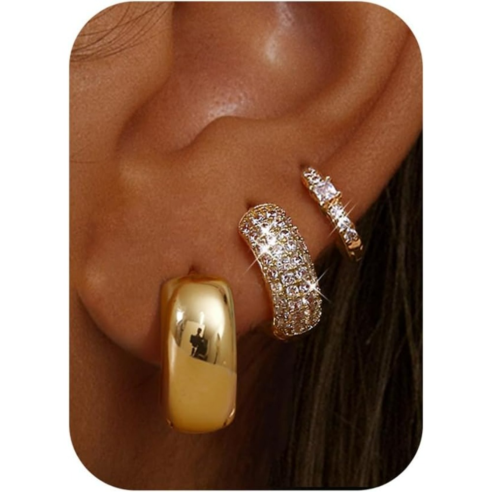 3pairs Small Chunky Hoop Earrings For Women | Hypoallergenic, Non Tarnish, Elegant And With Copper Alloy Plating And Synthetic Zirconia, Lightweight For Sensitive Ears And Multiple Piercing