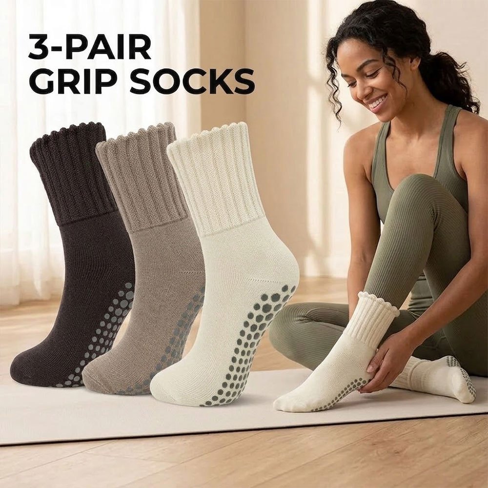 TEMU 3 Pairs Women's Thick Warm Winter Socks Suitable For Skiing, Yoga & Indoor Use - Anti-slip Adhesive Sole, Mid-calf Floor Protectors, Bottom For