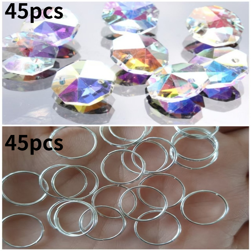 TEMU 90pcs (45 Octagonal Beads+45 Chain Links) Ab Color Octagonal Crystal Beads, Suitable For Flower Garlands, Chandelier Decoration And Home