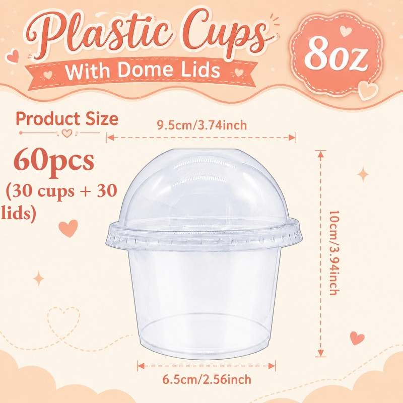TEMU 60 Stück (30 Becher + 30 Deckel) 8oz Klare Plastik-Dessertbecher mit Kuppeldeckeln – Stabile Parfait-Schalen für Eiscreme, Pudding, Obst, Mousse