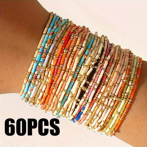 60pcs pieces bohemian seed bead bracelets elastic stretch beaded jewelry with random multicolor beads suitable for women casual attire parties festivals