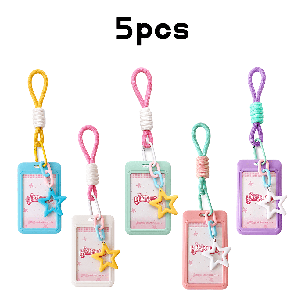 TEMU 2d 5pcs Colorful Card Holder Keychains With Star Charms And Wrist Straps Portable Card Cases For Bus Cards Access Cards Photo Cards Bags And
