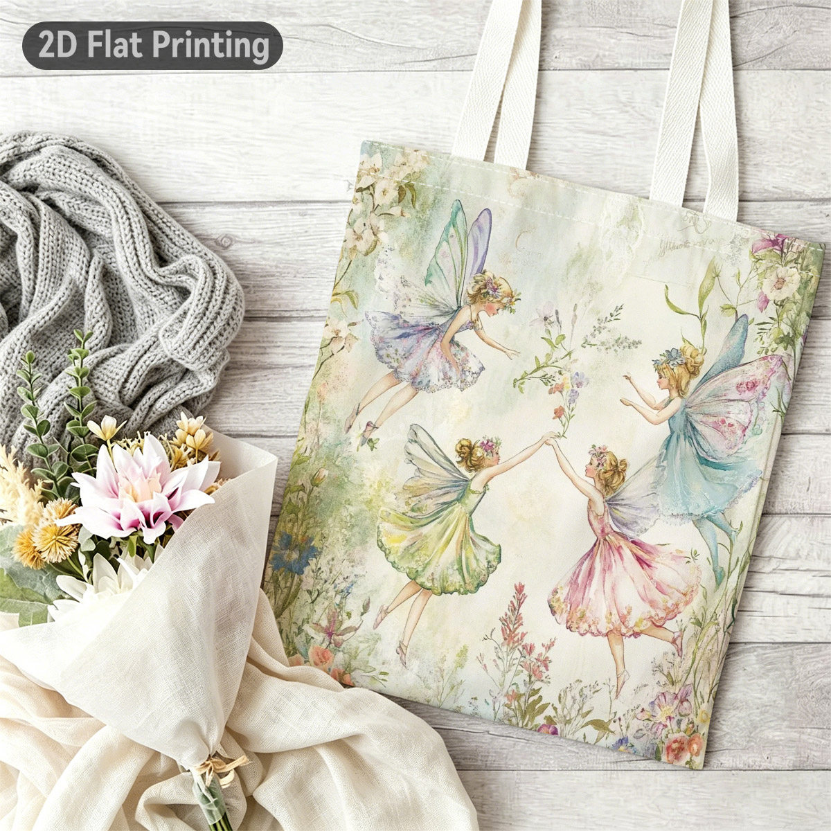 TEMU 2d Flat 1pc Watercolor Fairy Tote Bag, Duplex Prints Cute Fairies With Flowers, Ideal For Grocery Shopping, Beach Trip, Weekend Picnic, For ,
