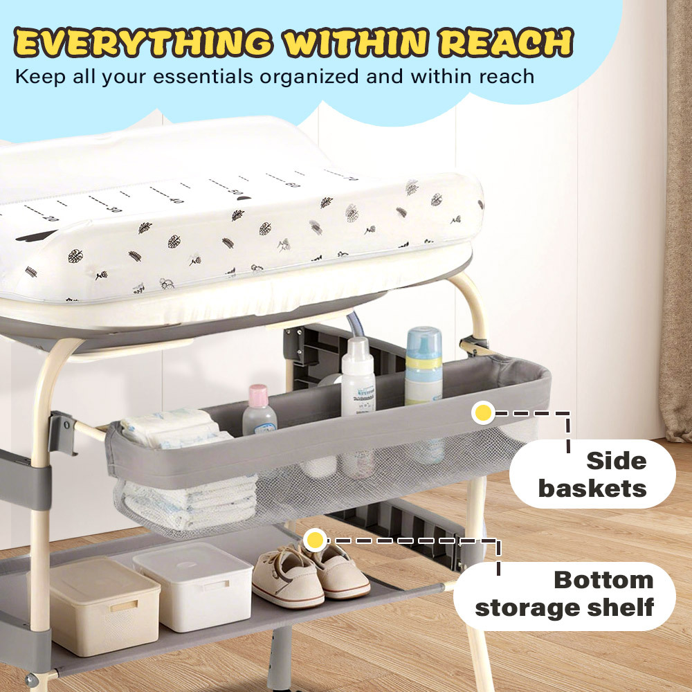 Foldable Baby Bathtub with Changing Table & Storage Shelf - Heavy-Duty Portable Bath Tub with Locking Wheels, Adjustable Height, Safety Harness & Diaper Changing Station, Space-Saving Design for Home, Travel, Nursery - Easy Assembly
