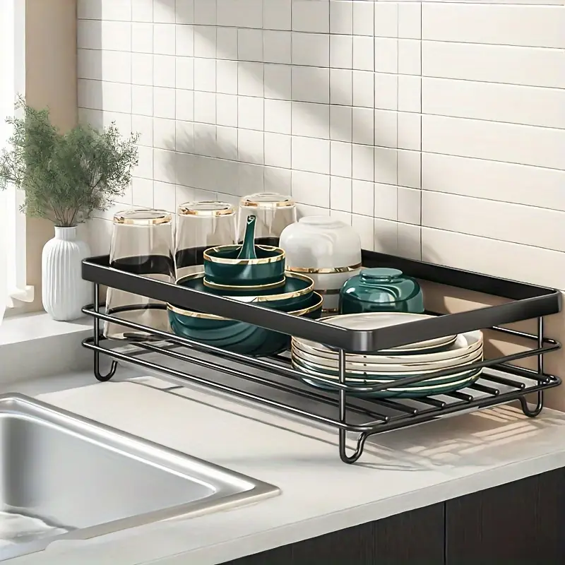 double dish rack for double countertops is here it has a unique 360 drainage function tableware can dry quickly the drain tray with the cutlery rack and 4 cup holders is above the sink or a cup it can Product details 9