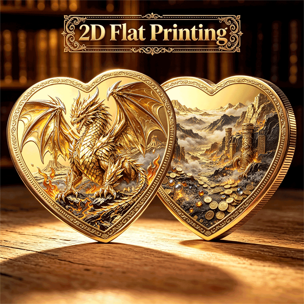 TEMU 2d Lava Golden Western Double-sided Color-printed Heart-shaped Commemorative Coin, A Collectible Coin For Fantasy Dragon Enthusiasts, Home Decor