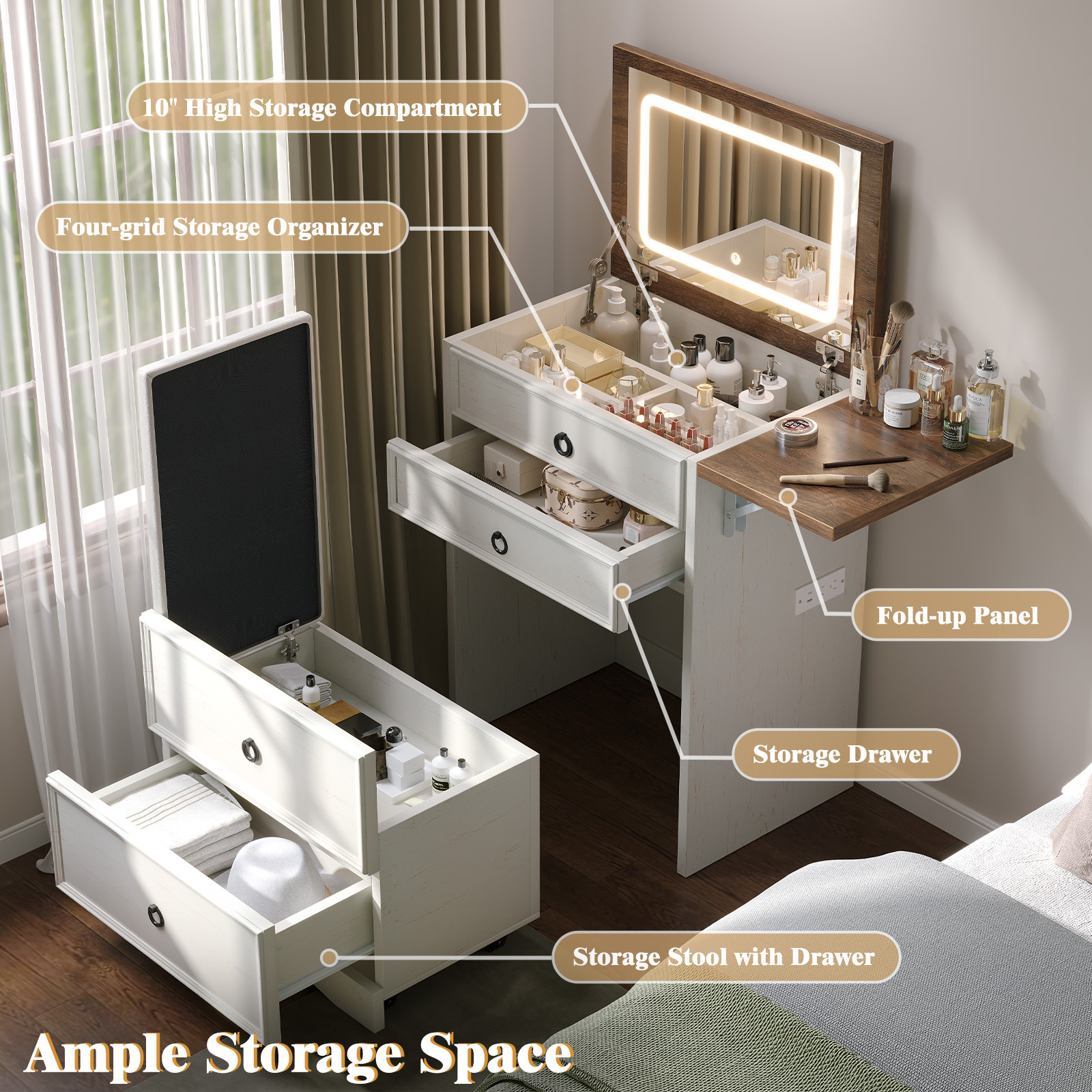 * Farmhouse 3-in-1 Vanity Desk with * *&amp; Space-Saving Foldable Design