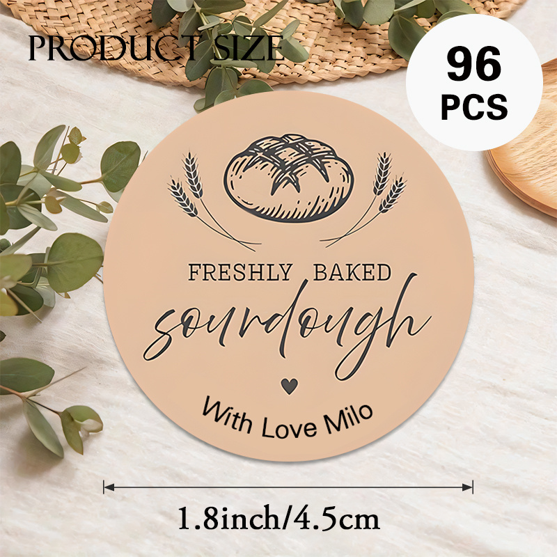 TEMU Custom 48/96pcs " Baked Sourdough" Round Stickers, Personalizable Text Content, Featuring Sourdough Bread With Wheat In Rustic Style, Suitable