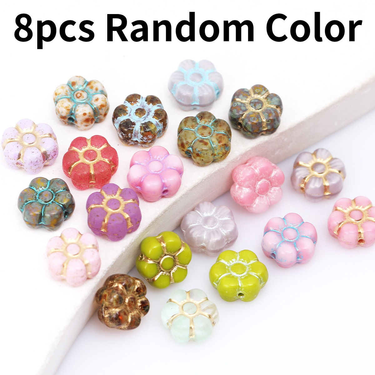 TEMU 2d Flat, 8pcs Random Color Golden Lined Flower Glass Beads, 8mm Petal Floral Flat Loose Spacer Beads For Diy Bracelet Necklace Earrings Jewelry