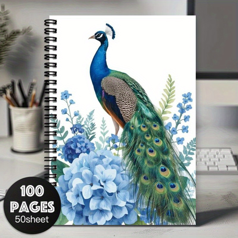 TEMU 1 Elegant Peacock Spiral Notebook Diary - Blue Floral Pattern, Spiral Binding Plan Book With Writing Page, Premium Note Book For Women And Men,