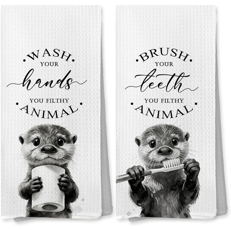 TEMU Cleaning Cloth 2pcs Kitchen Towel - 2 Fun Otter Cleaning Cloths, Suitable For Bathing - Modern Otter Theme, Printed With "wash Your Hands, You "