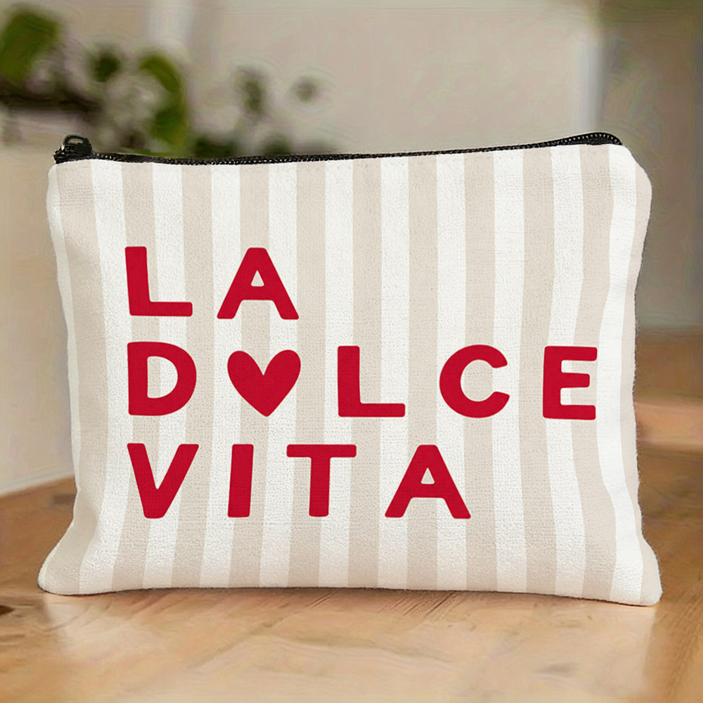 TEMU 1pc La Vita Makeup Bag, Full Of Romantic Atmosphere, A For Vintage Lovers! Striped Heart And Text Print Storage Pouch, The Ceiling Of Vintage