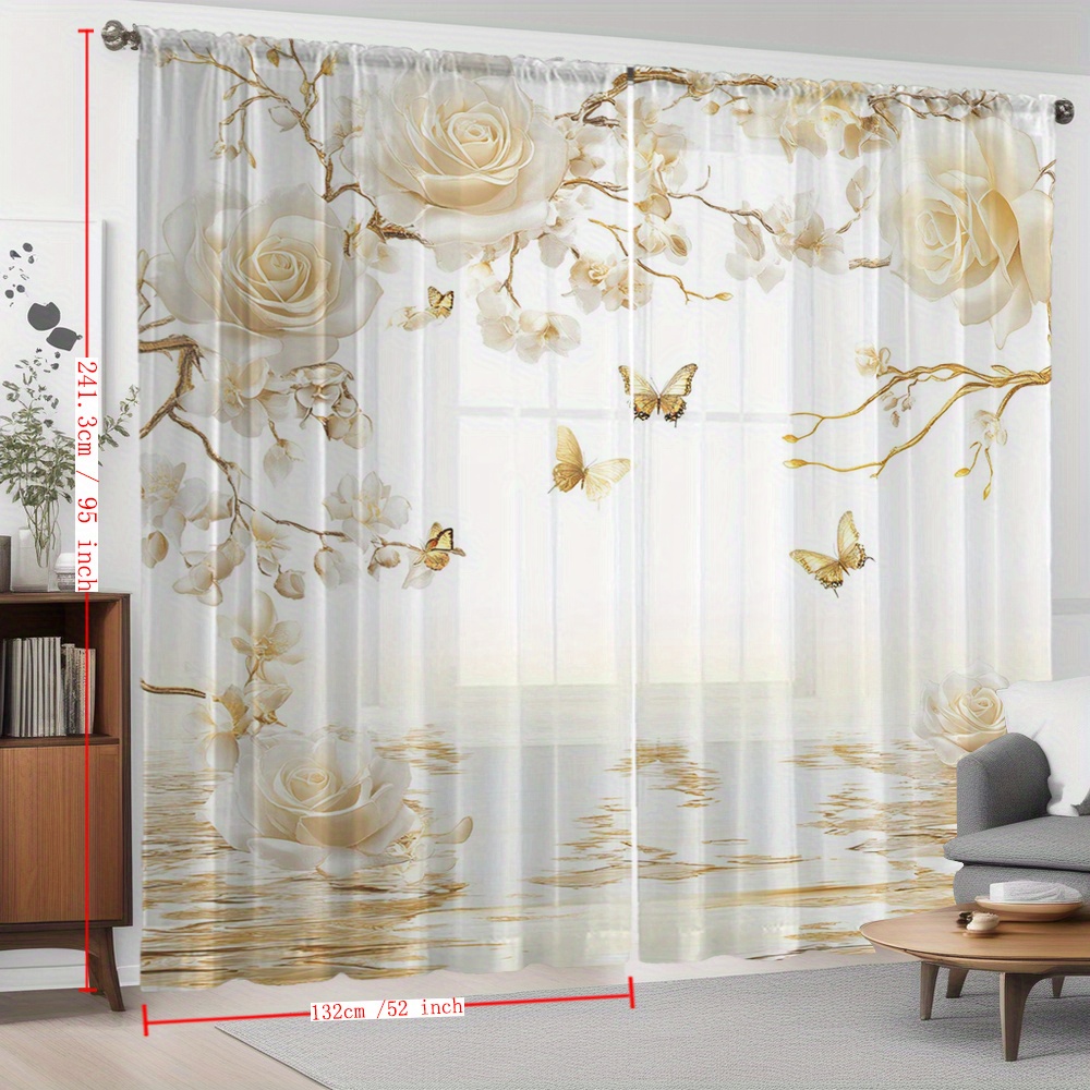 TEMU 2 pièces Rideau Transparent Imprimé Élégant avec Papillons et Roses Blanches, Style Luxueux et Élégant avec Poche pour Tringle, Rideau Décoratif