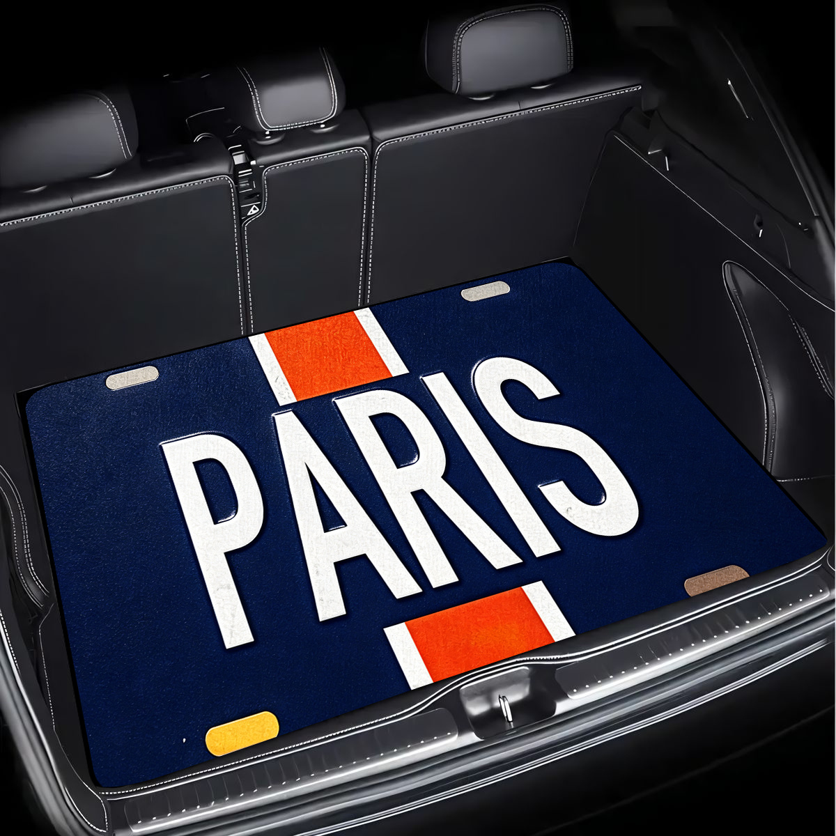 TEMU 1 tapis de coffre de voiture imprimé tendance - Design rayé avec lettres PARIS, durable et lavable en machine, convient aux berlines, camions et