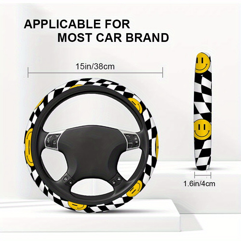 TEMU 1pc Of Trendy Black And White Checkered Face Car Steering Wheel Cover, Suitable For . Provides Comfortable Grip And Is Easy To Remove And