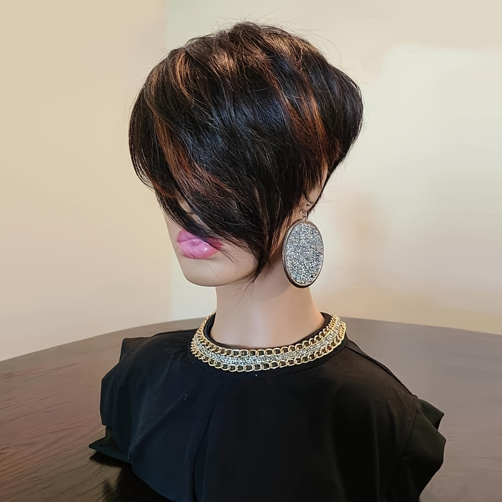 

1pc Women's Chic Cut Wig - 150% Density Human Hair, Black/brown , Short Layered, Straight, Glueless Cap, Full Machine Daily Use