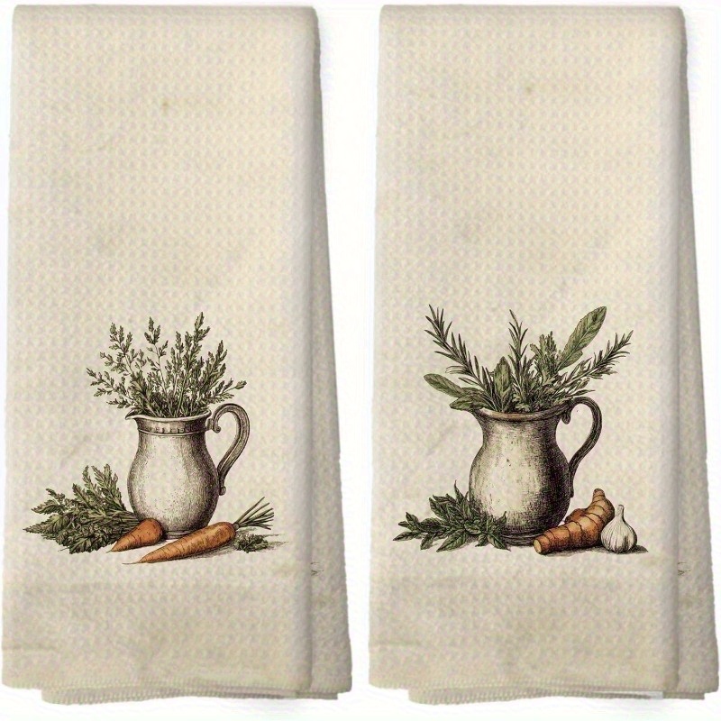 E-shop 2er-Set 18X26 Zoll Vintage Landhaus Küchen Kräutertücher, Polyester, Weich und Saugfähig, Karotte, Ingwer, Knoblauch Muster, Maschinenwaschbar,