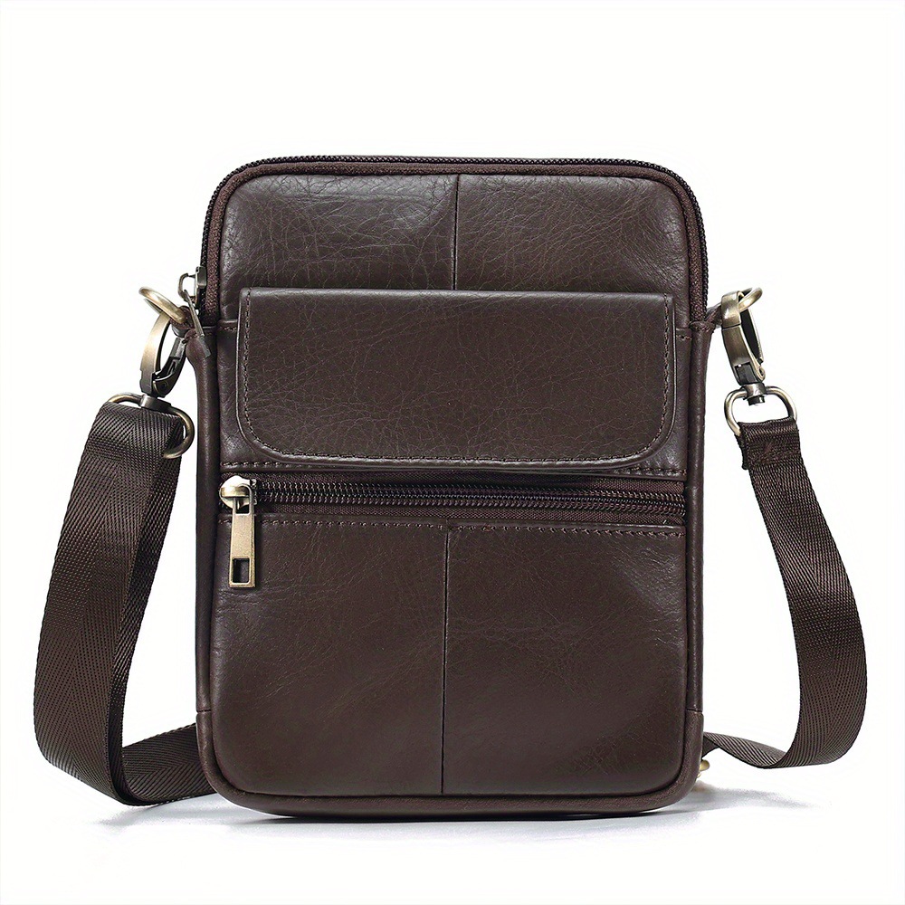 Image of Men's Cowhide Mini Crossbody Bag, Flip Pocket Multi Zipper Shoulder Sling Purse With Adjustable Strap, Holds 7.9 Inch Smooth Metal Zipper Handbag