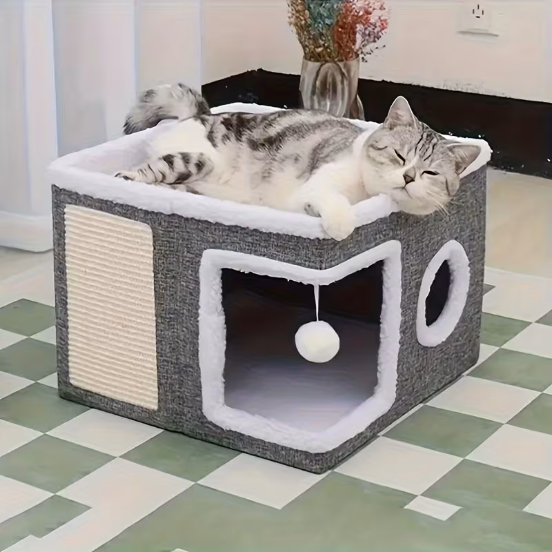 casa de gato de vários níveis com cama de 2 níveis, de brinquedos e de arranhar dobrável - cama aconchegante para interior com suspensa de pelúcia, estrutura de nylon e construção em tela, design dobrável que , 16.5x16.5x13 polegadas - ideal para pequenos detalhes 1