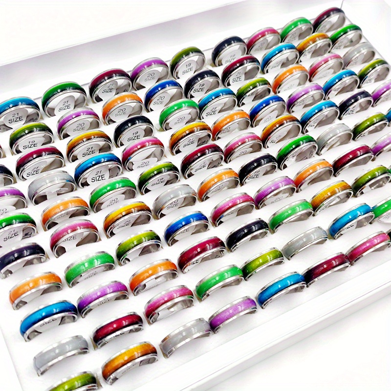 Image of Wholesale 40pcs/pack Women's Fashion Stacked Ring Silvery Color Stainless Steel Material Men And Women's Rings Size 17mm-21mm Mixed Color Design Suitable For Party Gifts Charm Finger Rings Set