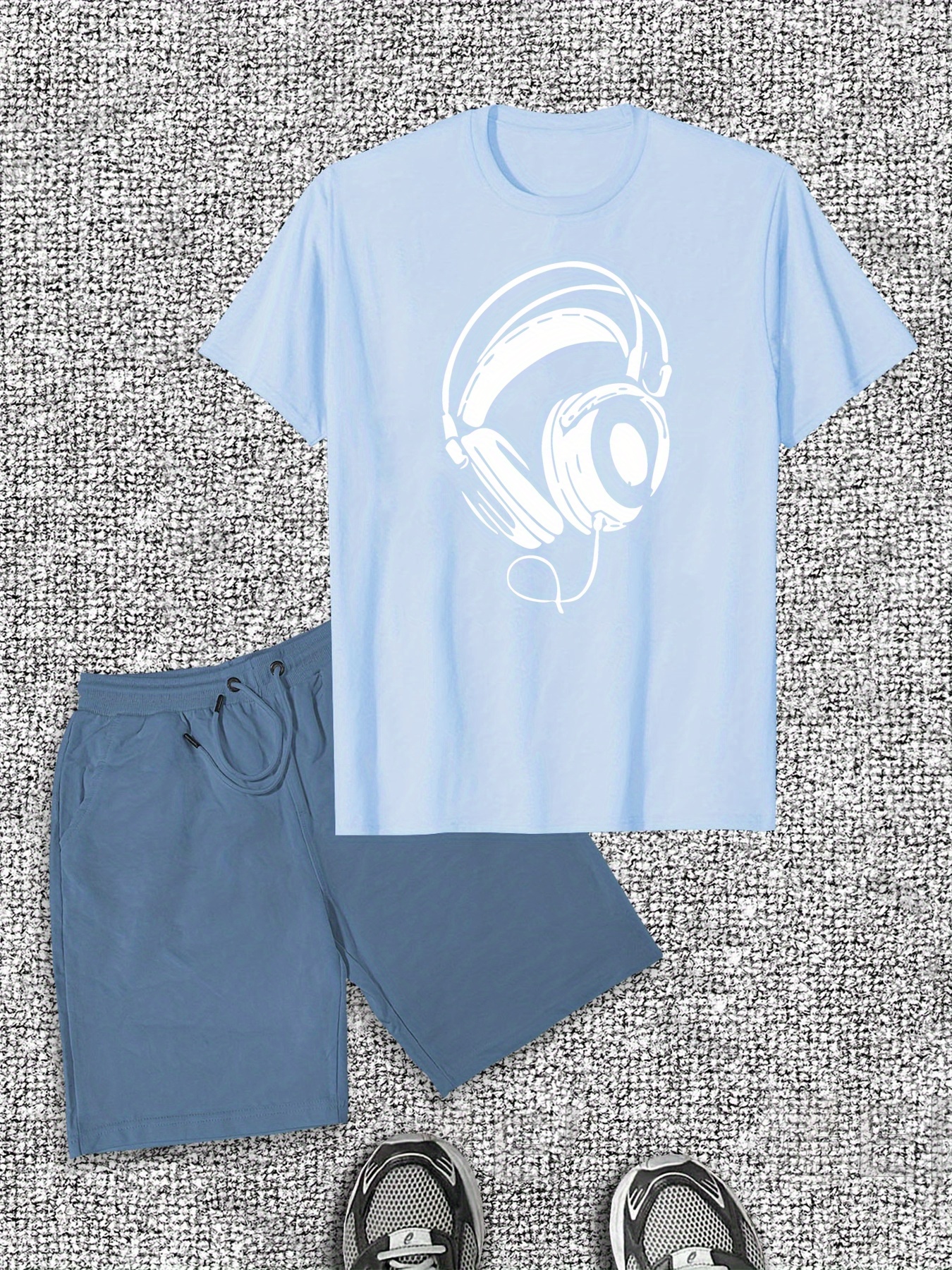 Men's Headphones Pattern Short Sleeve T-Shirt and Shorts Casual Set